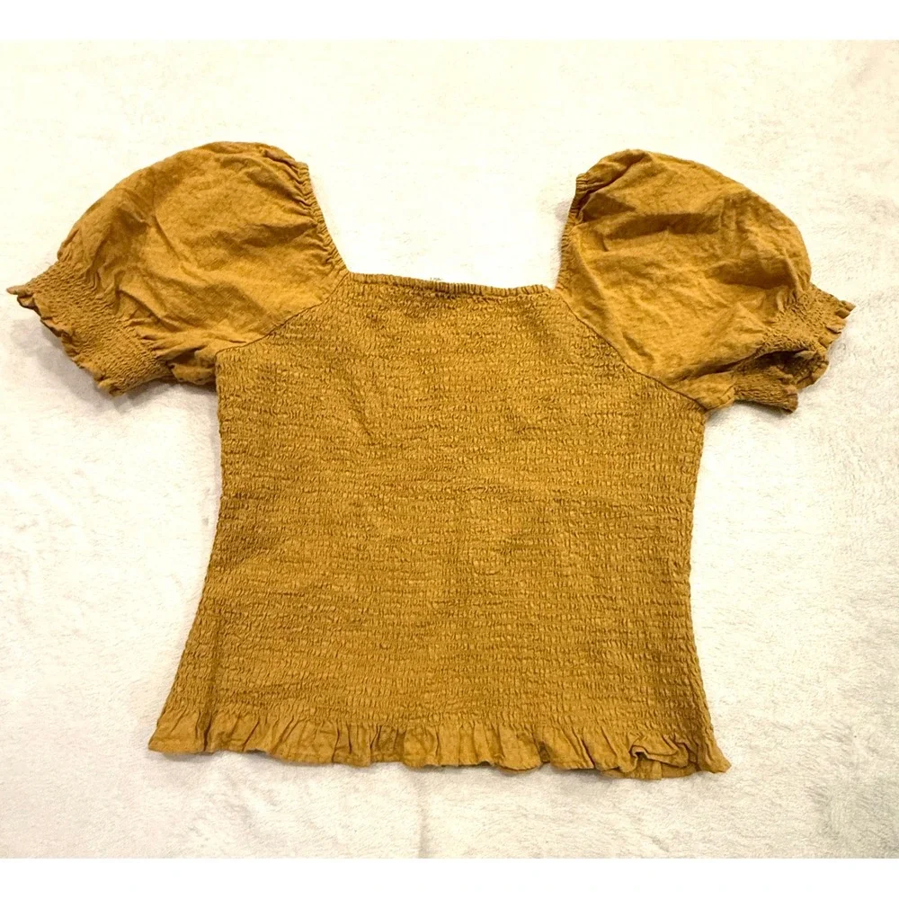 Madewell Lucie Smocked Puff Sleeve Top Mustard Square Neck Ruffle‎ Hem Large
